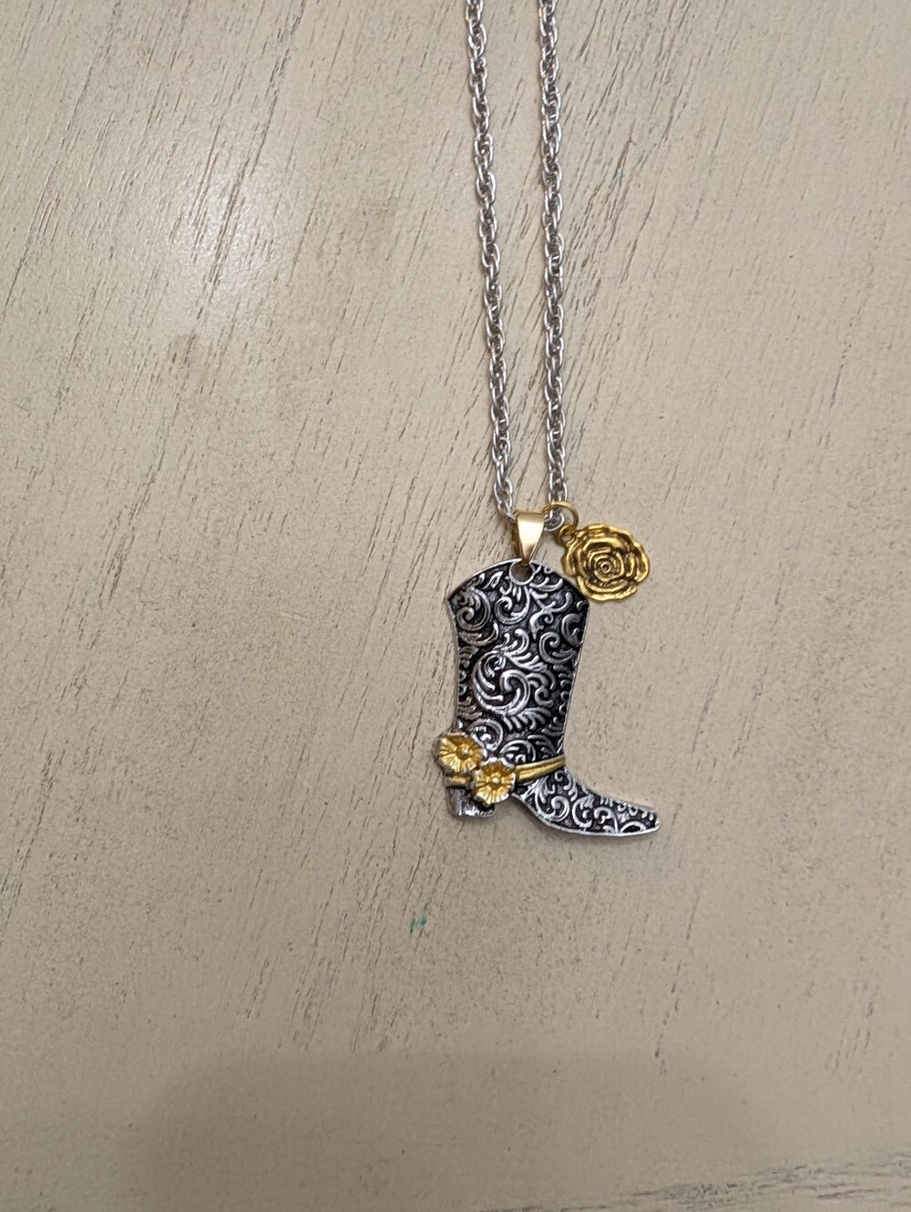 Cowboy Boot Pendant Necklace - Silver & Gold Tone